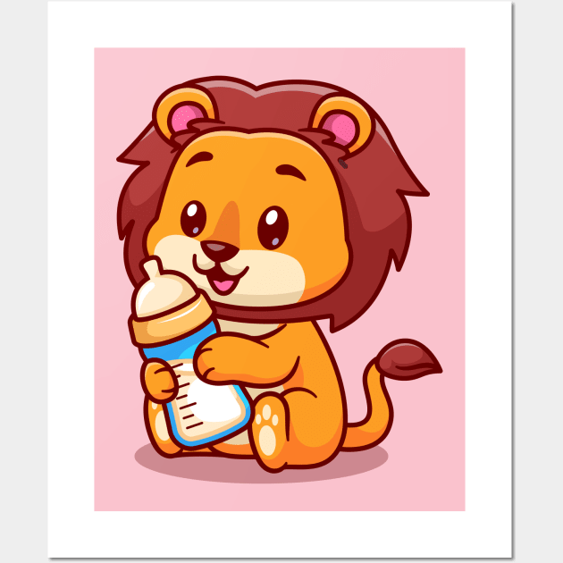 Cute Baby Lion Holding Milk Bottle Cartoon Wall Art by Catalyst Labs